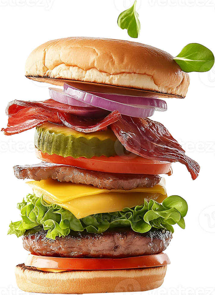 a hamburger with lettuce, tomato, and cheese png