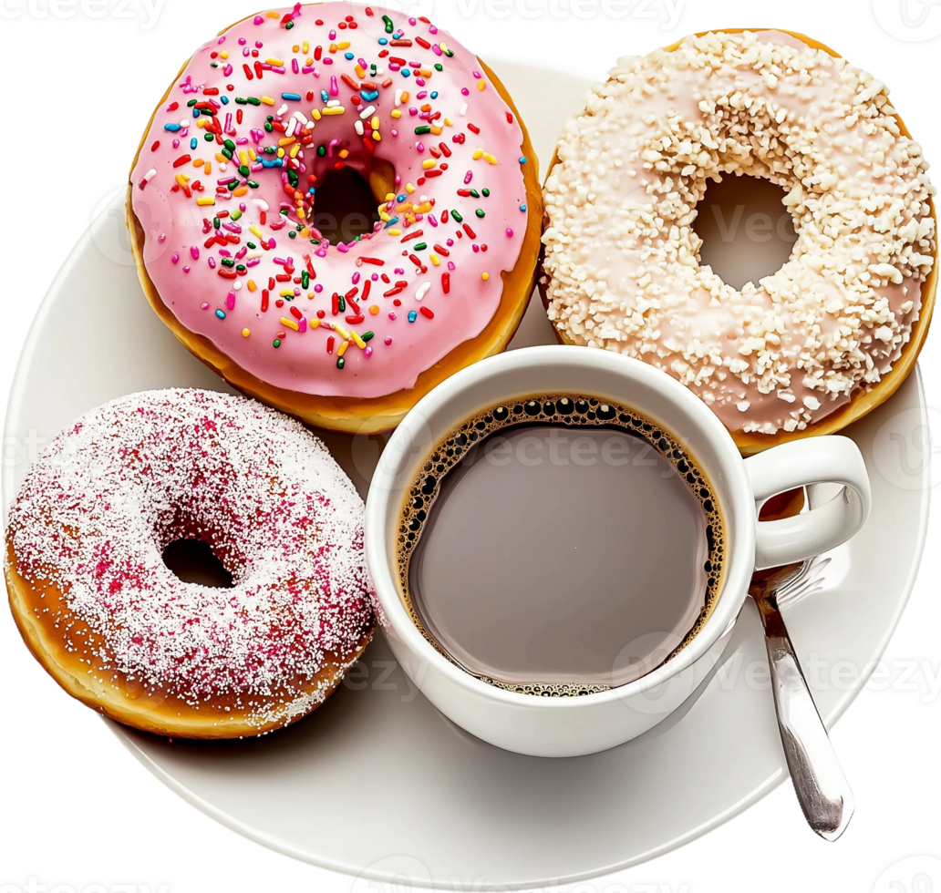 donuts, coffee and cup of coffee on a plate png