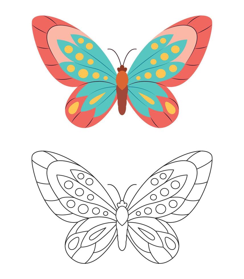 Butterfly Coloring page template. Colorful and black white butterfly doodle style. Beautiful insects line art, Hand Drawn. Retro style. summer seasons. Coloring book vector