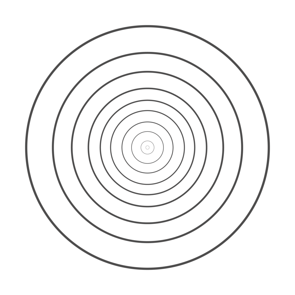 Concentric grey color circle elements with a transparent background. Circle spin target, Radio station signal, or Center minimal radial ripple line outline abstractionism. png