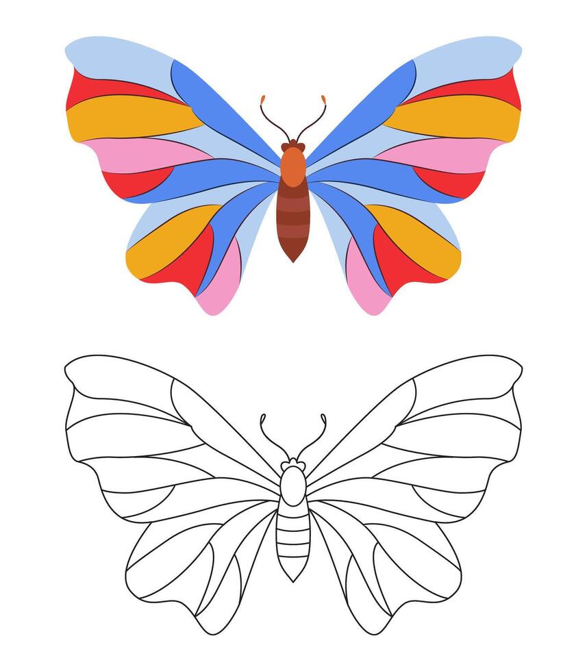Butterfly Coloring page template. Hand Drawn. Colorful and black white butterfly doodle style. Beautiful insects line art, Retro style. Summer seasons. Coloring book vector