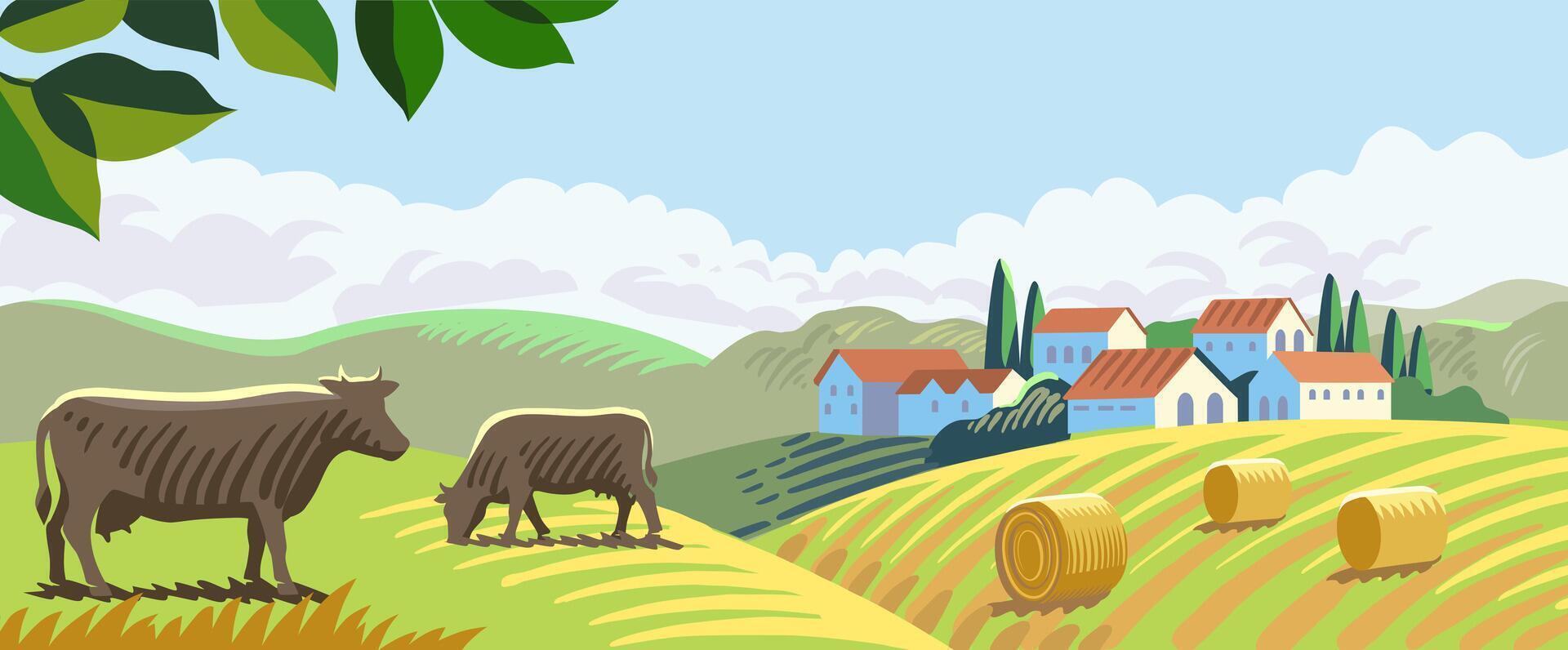 village with hay. Farming land summer vector