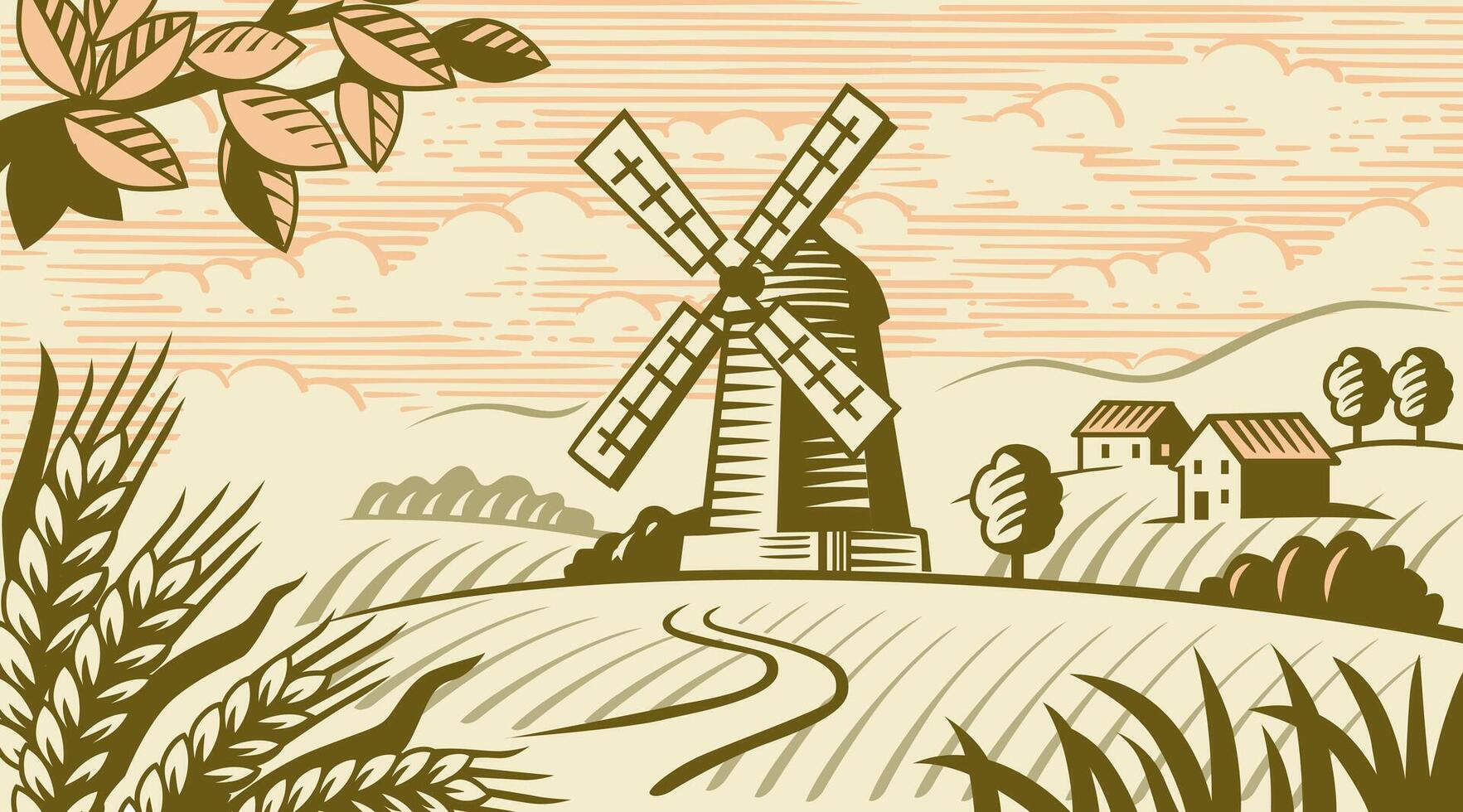 Old mill and wheat. Village vector