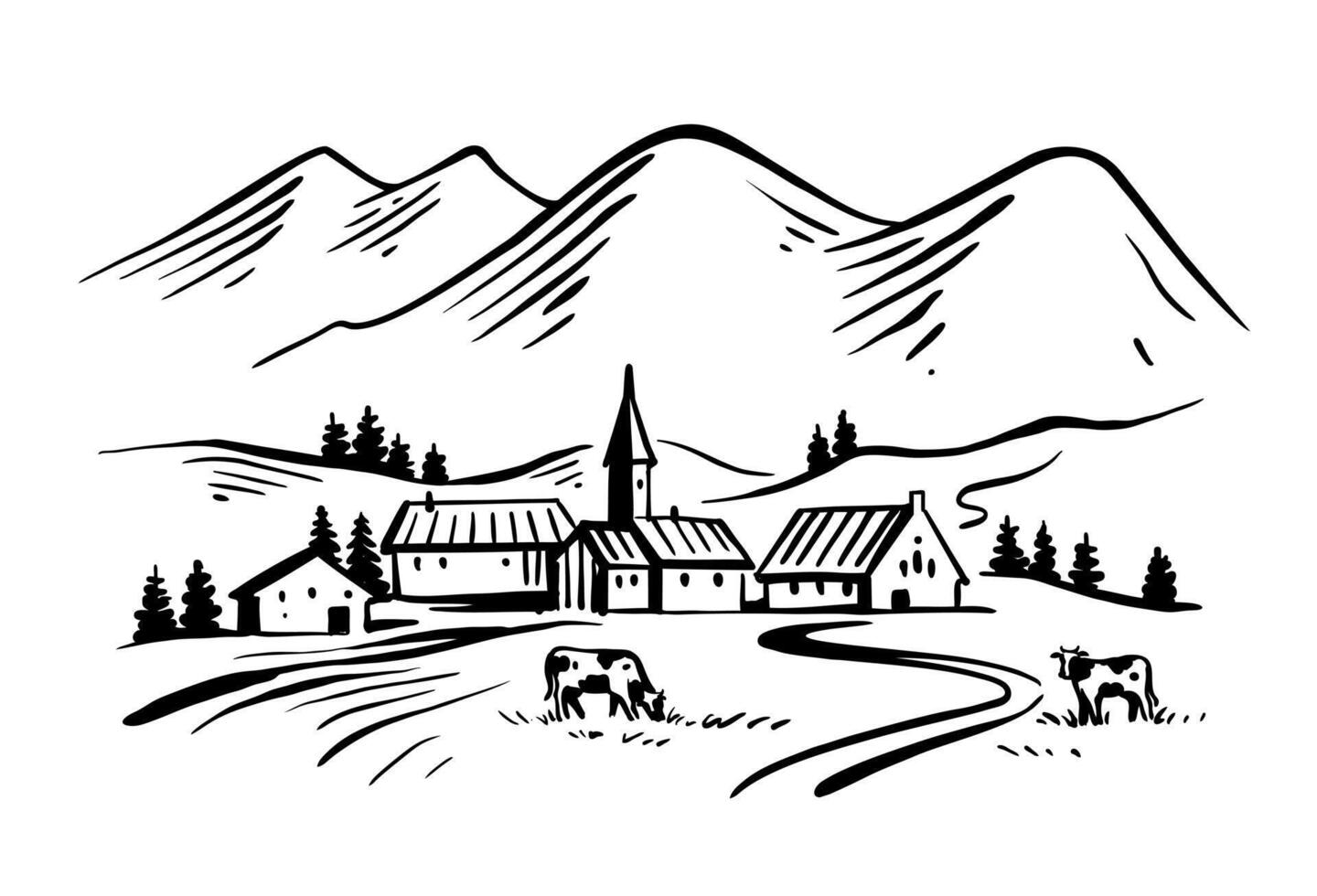 Cow with nature landscape ink hand drawn. vector