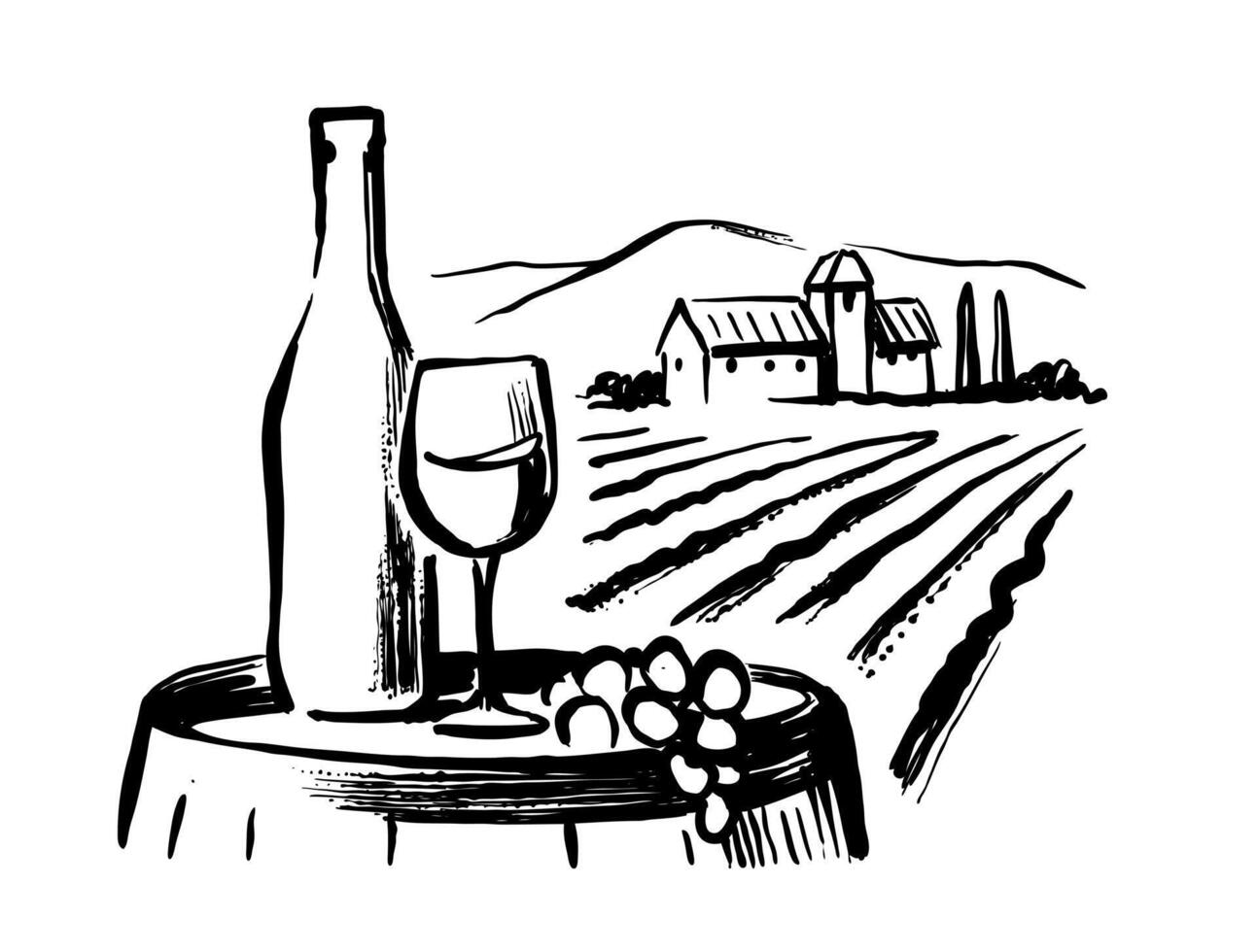 Vineyard landscape hand drawn with bottle. vector