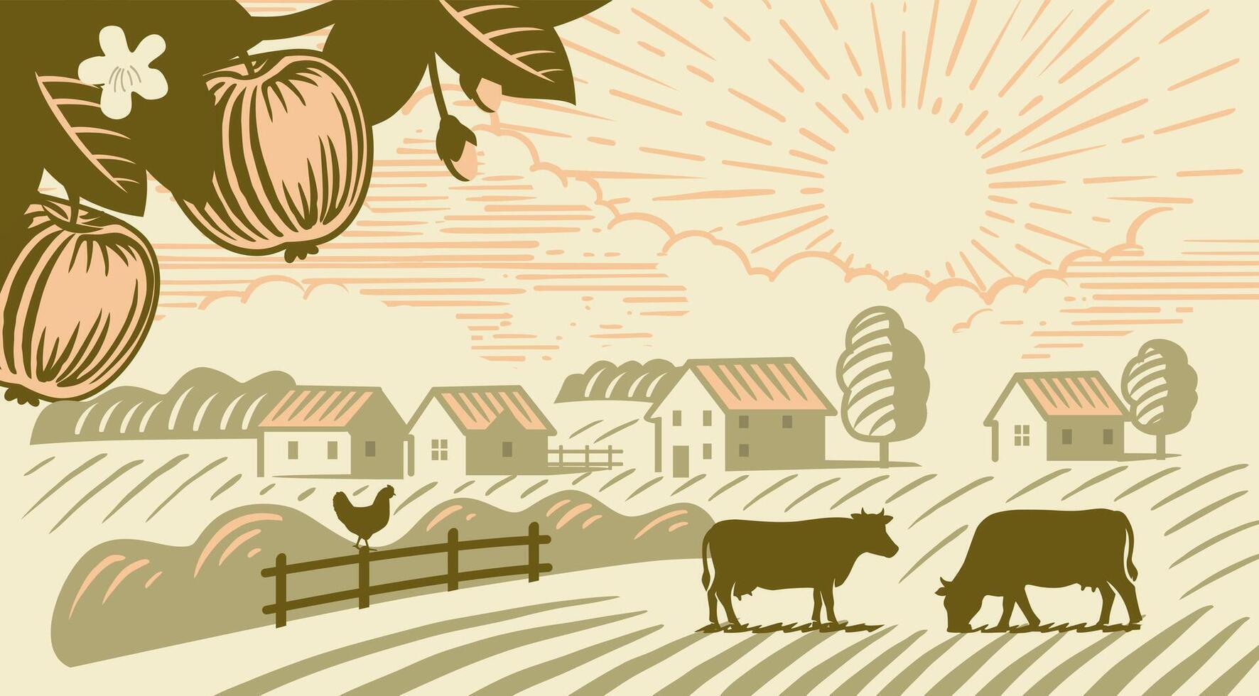 Apple tree and village. Cows in farm field with houses. Summer landscape vector