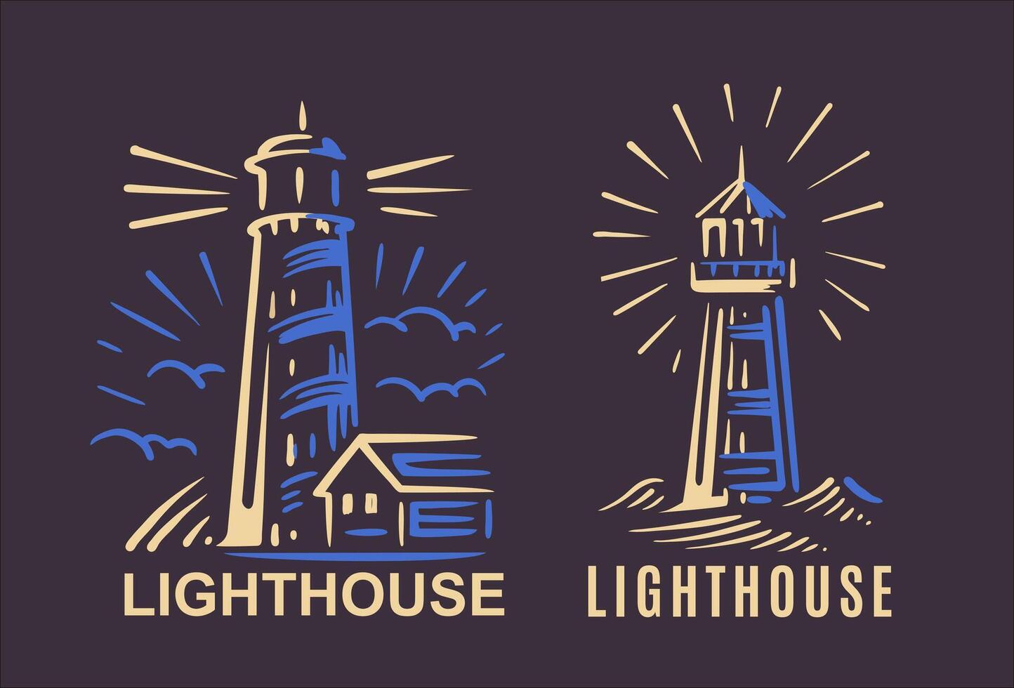 Lighthouse drawing on dark background. vector