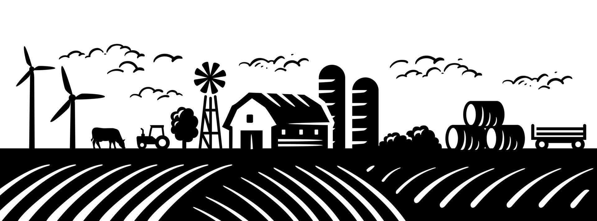 Farm and field black . Retro rural landscapes vector