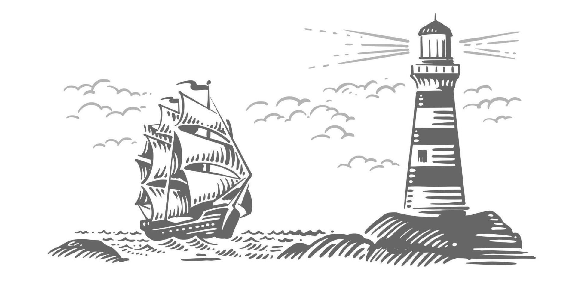 Lighthouse with sea ship. Hand drawn sketch sailing vector