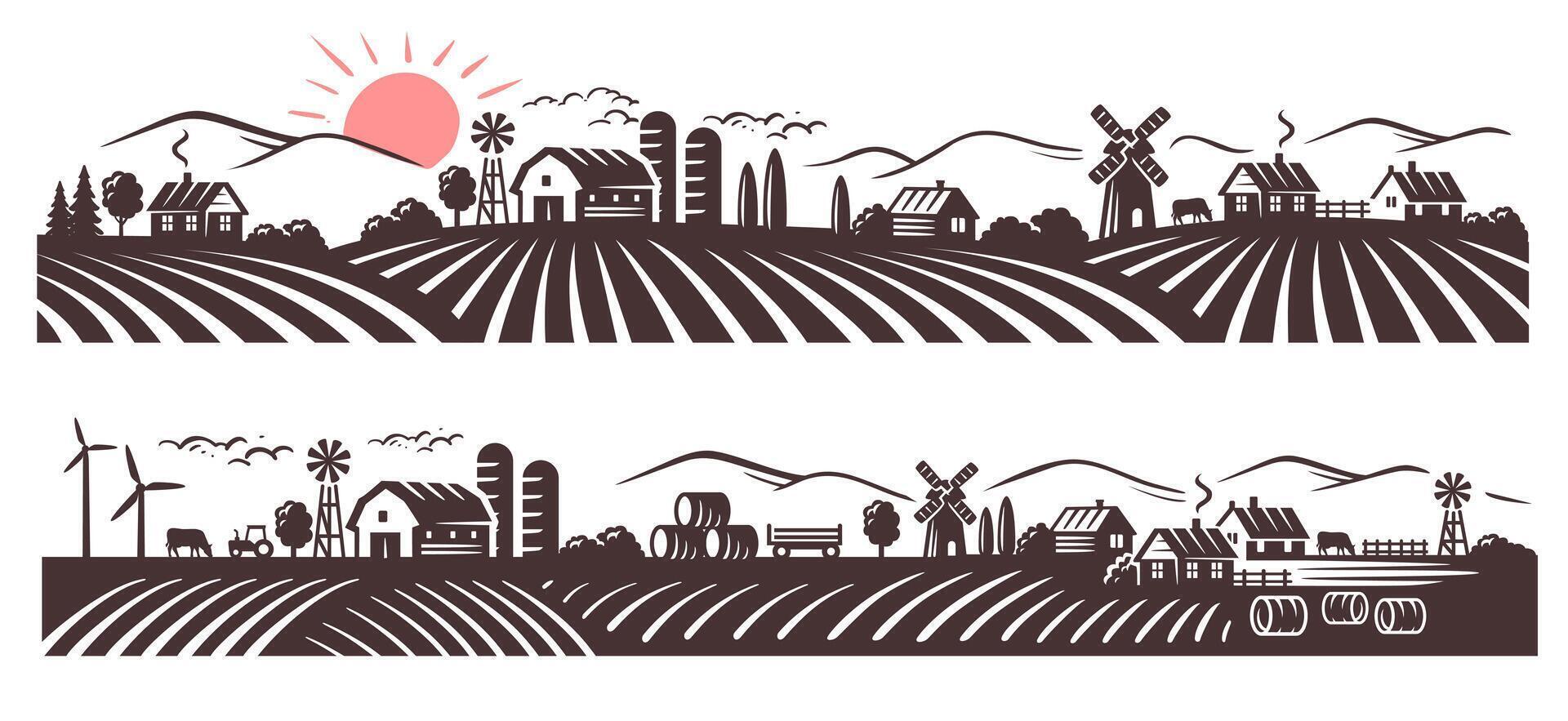 Farm and field black . Retro rural landscapes vector