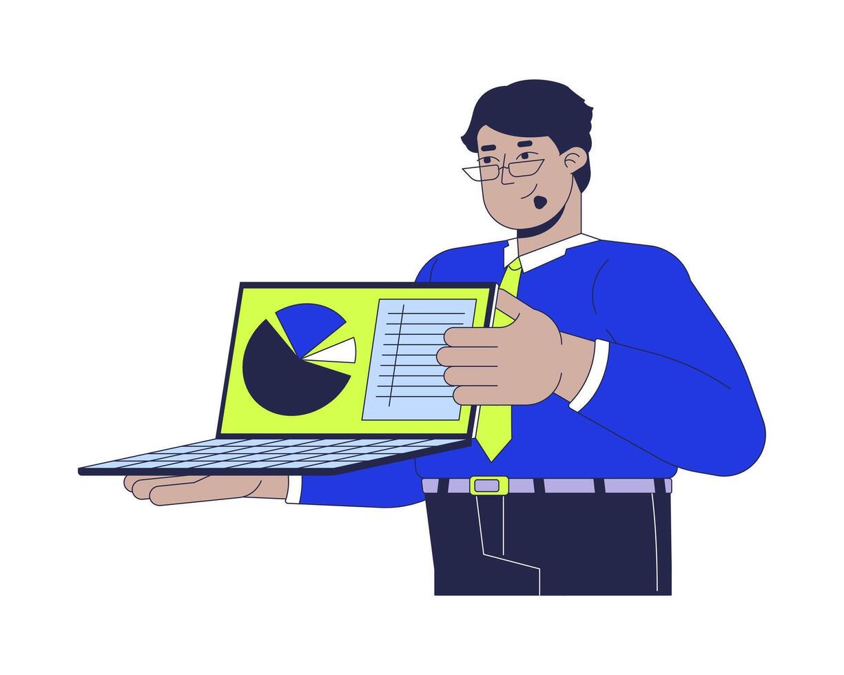 Male employee holding laptop pie chart 2D cartoon character. Arab man office worker analyst isolated flat person white background. Data analysis. Sales statistics color spot illustration vector