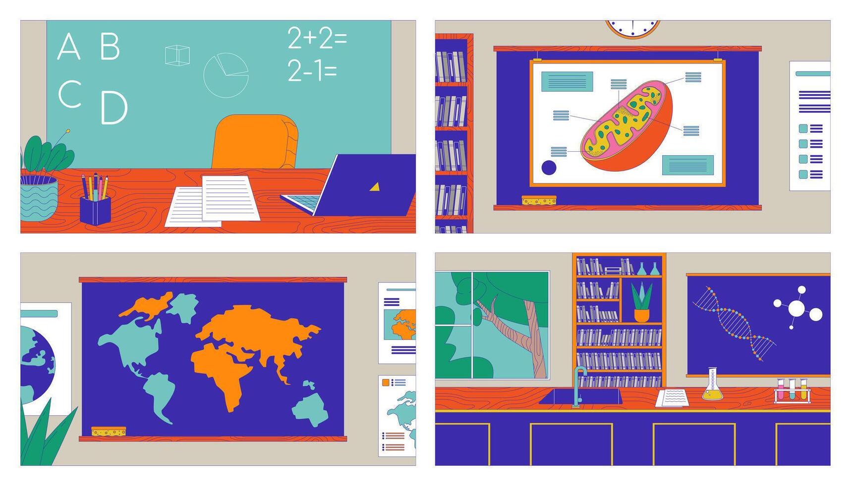 School classrooms for different courses cartoon flat illustration set. Education classes of natural sciences 2D interior colorful backgrounds. Learning scenes storytelling images collection vector