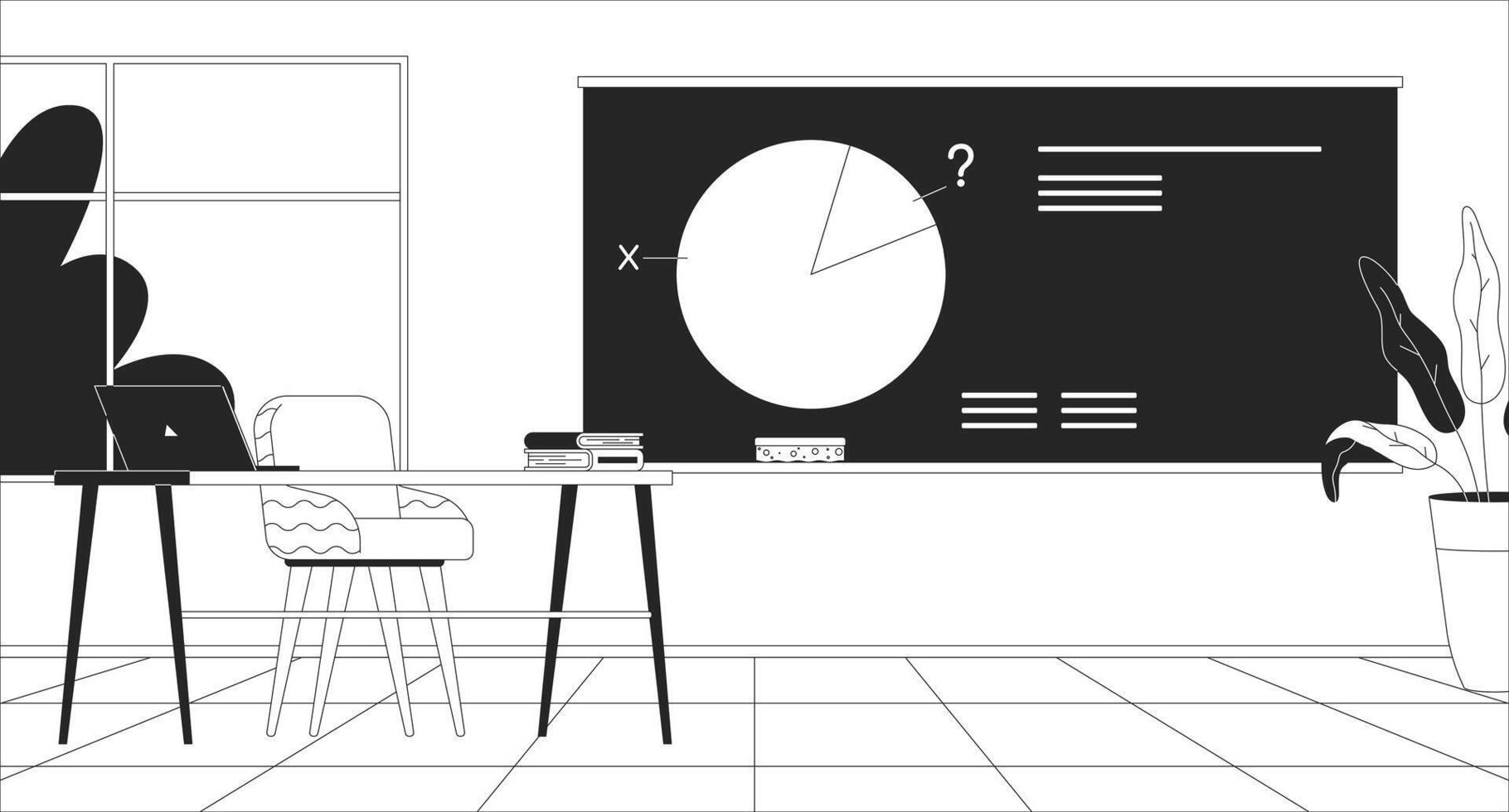 Lesson in math classroom black and white line illustration. Mathematic teacher and little student in school 2D interior monochrome background. Learning education course outline image vector