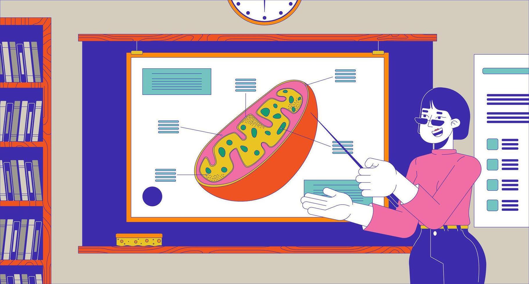 Biology teacher showing cell structure in classroom cartoon flat illustration. Asina tutor school personnel 2D character colorful background. Biology lesson teaching scene storytelling image vector