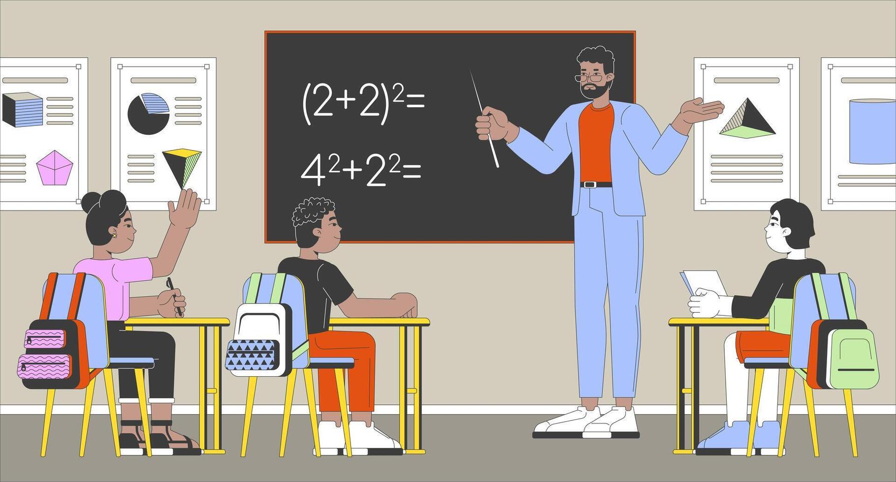Math teacher teaching schoolchildren cartoon animation. Mathematics 4K motion graphic. African american teacher, diverse elementary students 2D animated characters on blackboard background vector