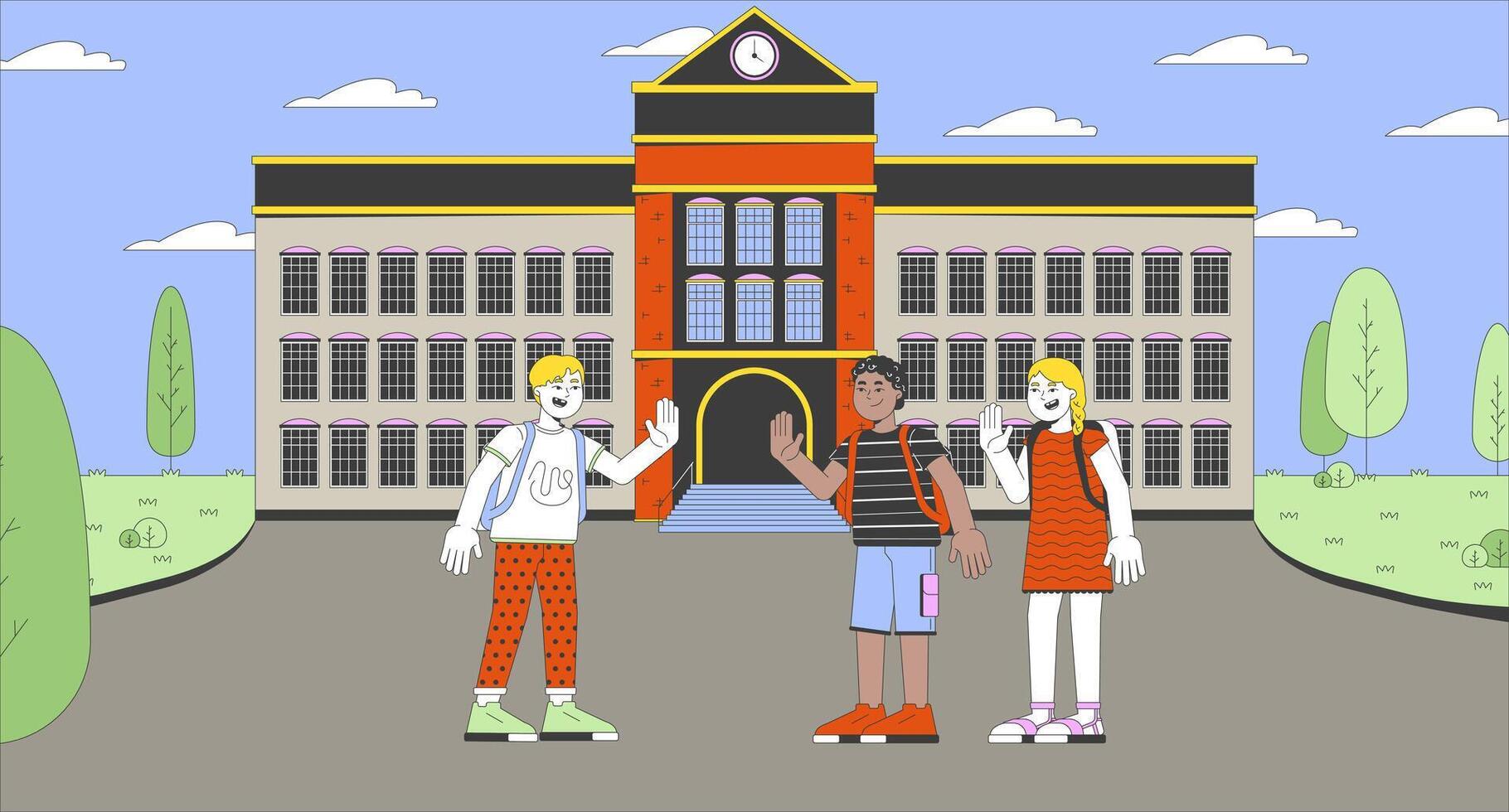 Meeting with school friends cartoon animation. First day of school schoolyard 4K motion graphic. Hi waving schoolkids diverse schoolmates 2D animated characters academy entrance background vector
