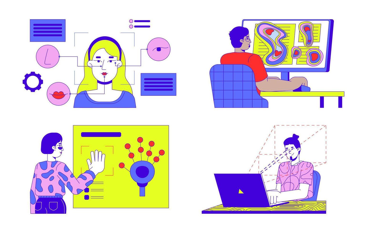 Eye tracking technology biometrics 2D illustration concepts set. Diverse digital citizens cartoon characters isolated on white. Face scan, heatmap metaphors abstract flat graphics collection vector