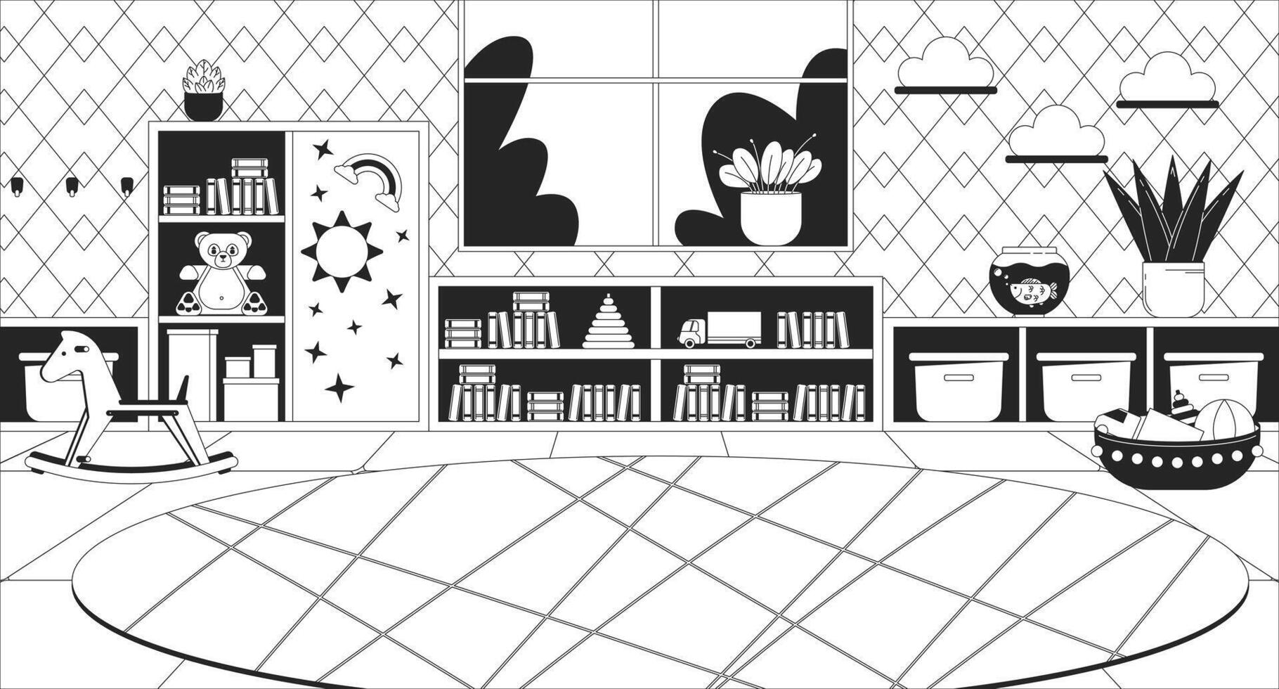Empty playroom with carpet and toys for children black and white line illustration. Furnished kindergarten room 2D interior monochrome background. Little kids care outline image vector