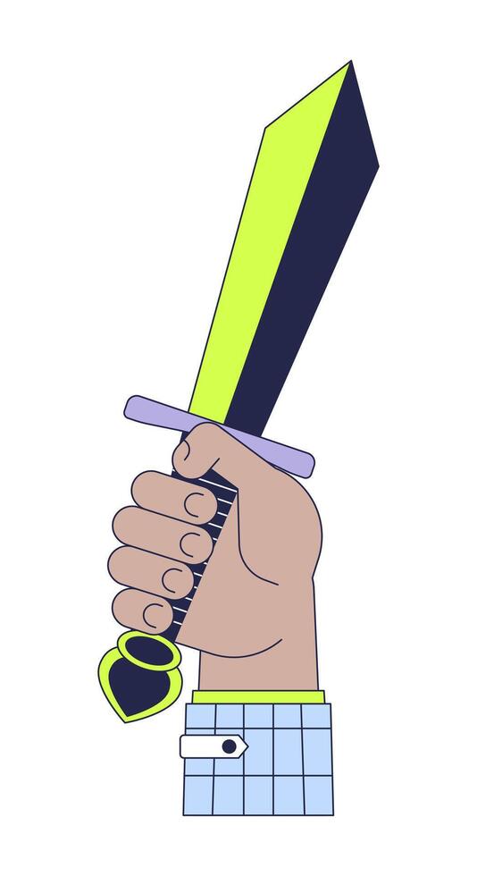 Raising up sword cartoon character hand illustration. Knight holding. Medieval tournament champion outline 2D image, white background. Historical reconstruction club editable flat color clipart vector