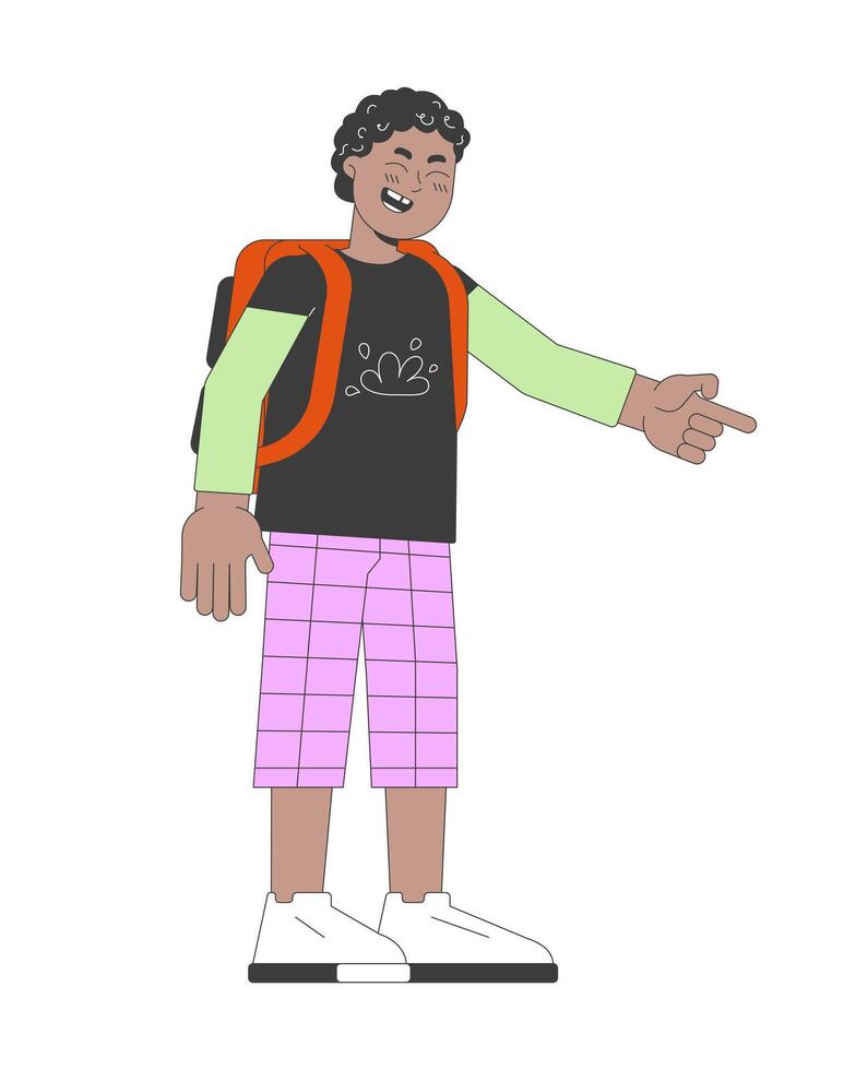 African american schoolboy pointing finger 2D cartoon character. Black boy with backpack mocking isolated flat person white background. Bully kid laughing mockingly color spot illustration vector