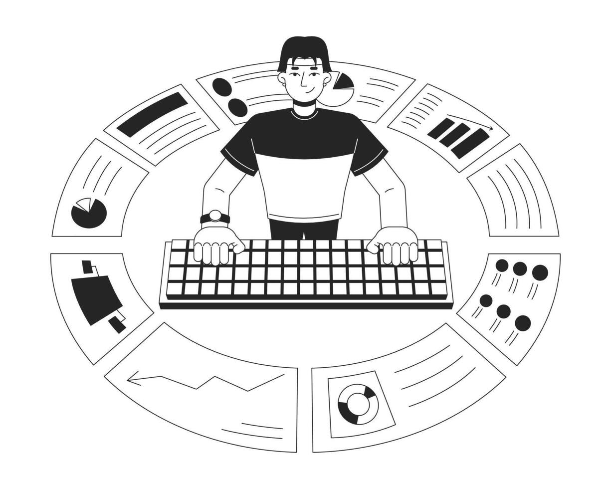 Data analytics business reports black and white 2D illustration concept. Computer analyst typing keyboard outline character isolated. Key performance indicators metaphor monochrome art vector