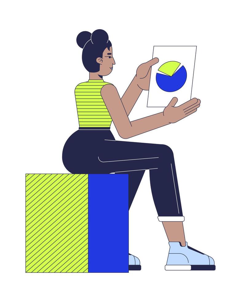African american woman analyzing pie chart 2D cartoon character. Black female analyst reviewing piechart isolated flat person white background. Corporate analytics color spot illustration vector