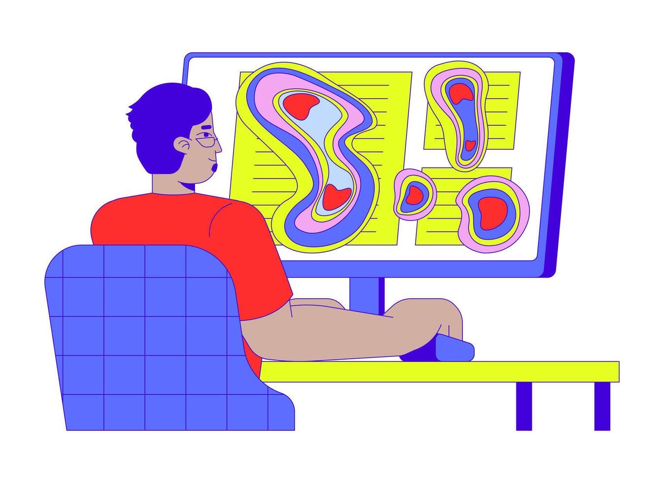 Eye tracking heatmap cartoon flat illustration. Arab man consumer looking on computer screen heat map 2D character isolated on white background. Neuromarketing technique scene color image vector