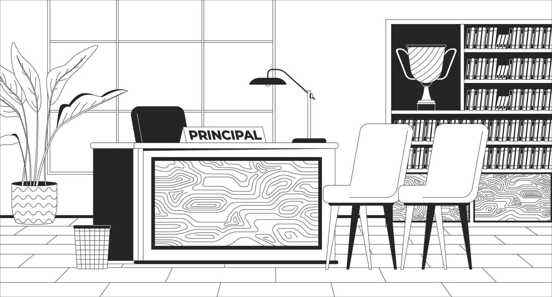 School principal office furnishing black and white line illustration. Desk with chairs in formal cabinet 2D interior monochrome background. Education facility workplace outline image vector