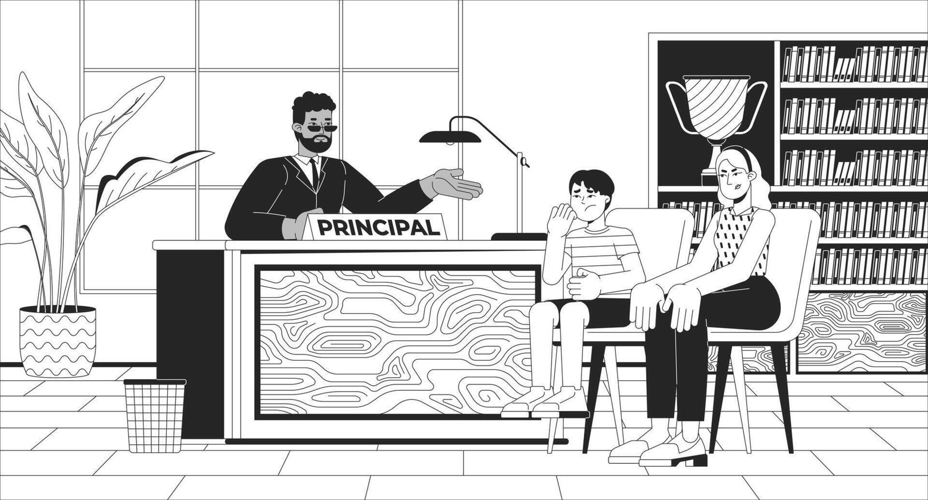 School principal with bully and his mother black and white line illustration. Teacher and parent discussing student behavior 2D characters monochrome background. Education outline image vector