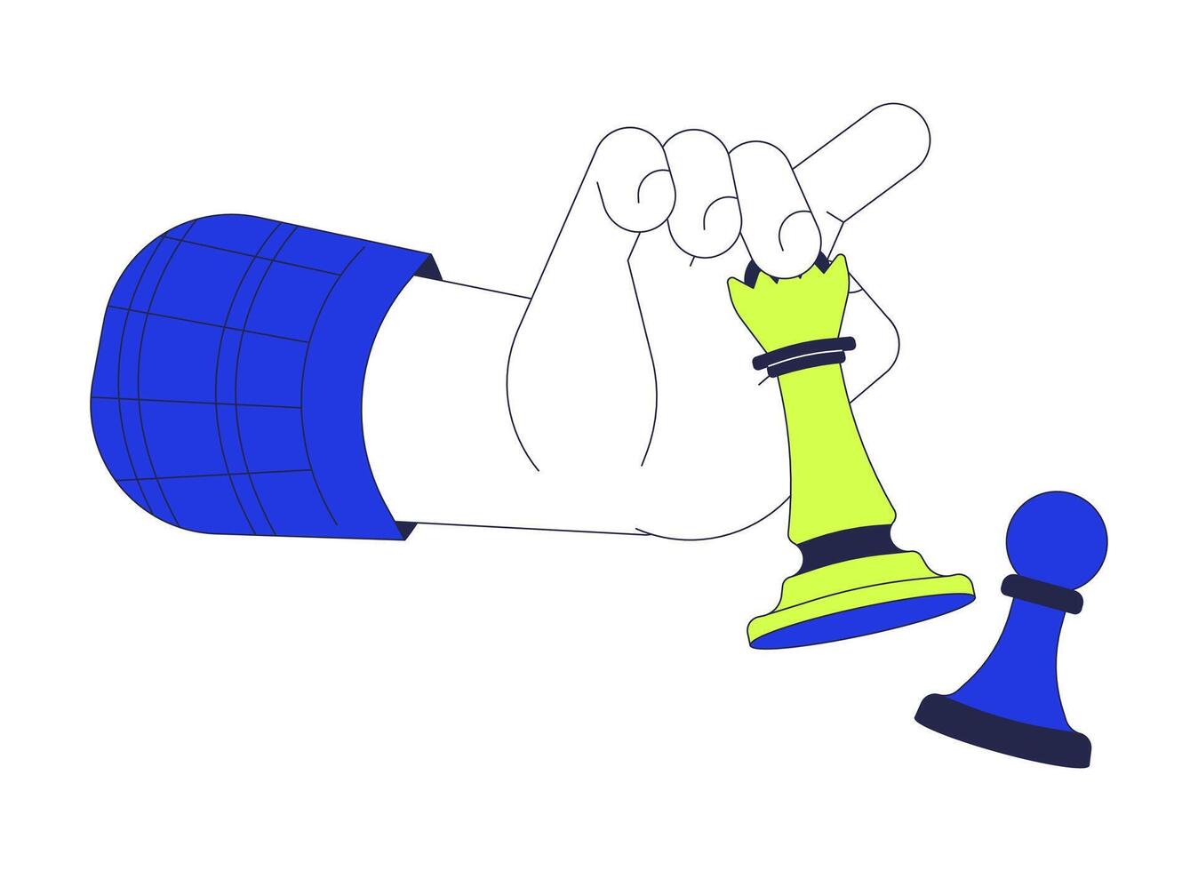 Queen chess piece defeating pawn cartoon character hand illustration. Queen checkmate outline 2D image, white background. Board game challenge. Business strategy editable flat color clipart vector