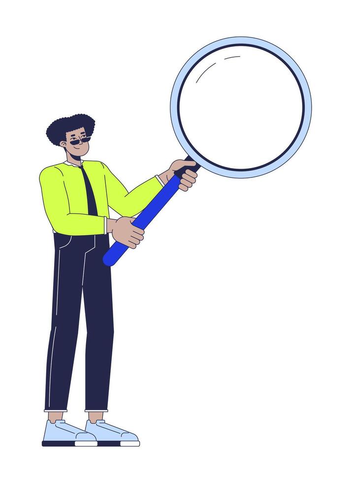Male office worker with loupe searching 2D cartoon character. Latin american man employee magnifying glass isolated flat person white background. Research analysis color spot illustration vector
