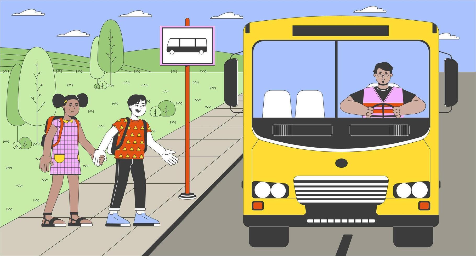 Diverse kids getting on school bus cartoon animation. Schoolbus schoolchildren. Bus stop school 4K motion graphic. Elementary children 2D animated characters on rural roadside background vector