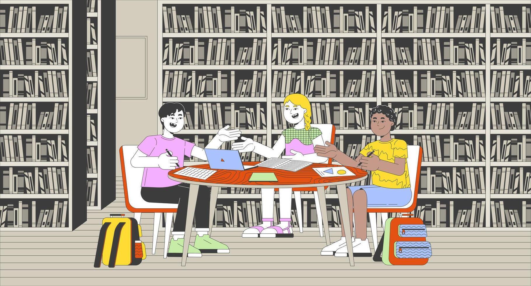 Elementary kids group assignment cartoon animation. Diverse schoolkids doing homework together in library 4K motion graphic. Preteen primary 2D animated characters on bookshelves background vector
