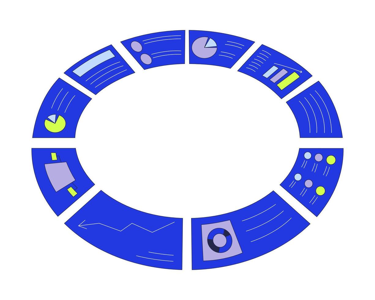 Circled analytics reports 2D cartoon object. Circular business analysis charts graphs isolated flat element white background. Circle dashboard. Market research color spot illustration vector