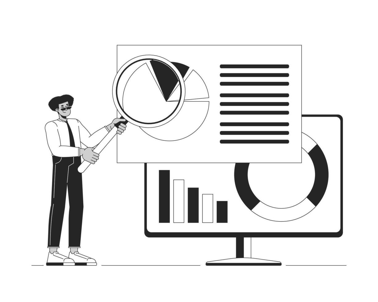 Analytics magnifying glass black and white 2D illustration concept. Enlarging loupe analyst computer outline character isolated. Analysis data in product management metaphor monochrome art vector