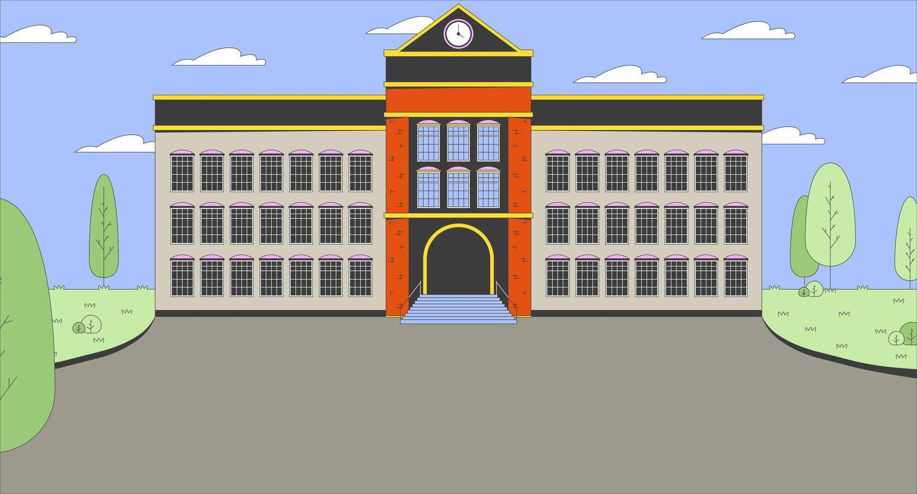 School building entrance with yard cartoon flat illustration. Schoolyard schoolhouse 2D cityscape colorful background. Educational facility. Modern highschool outdoor scene storytelling image vector
