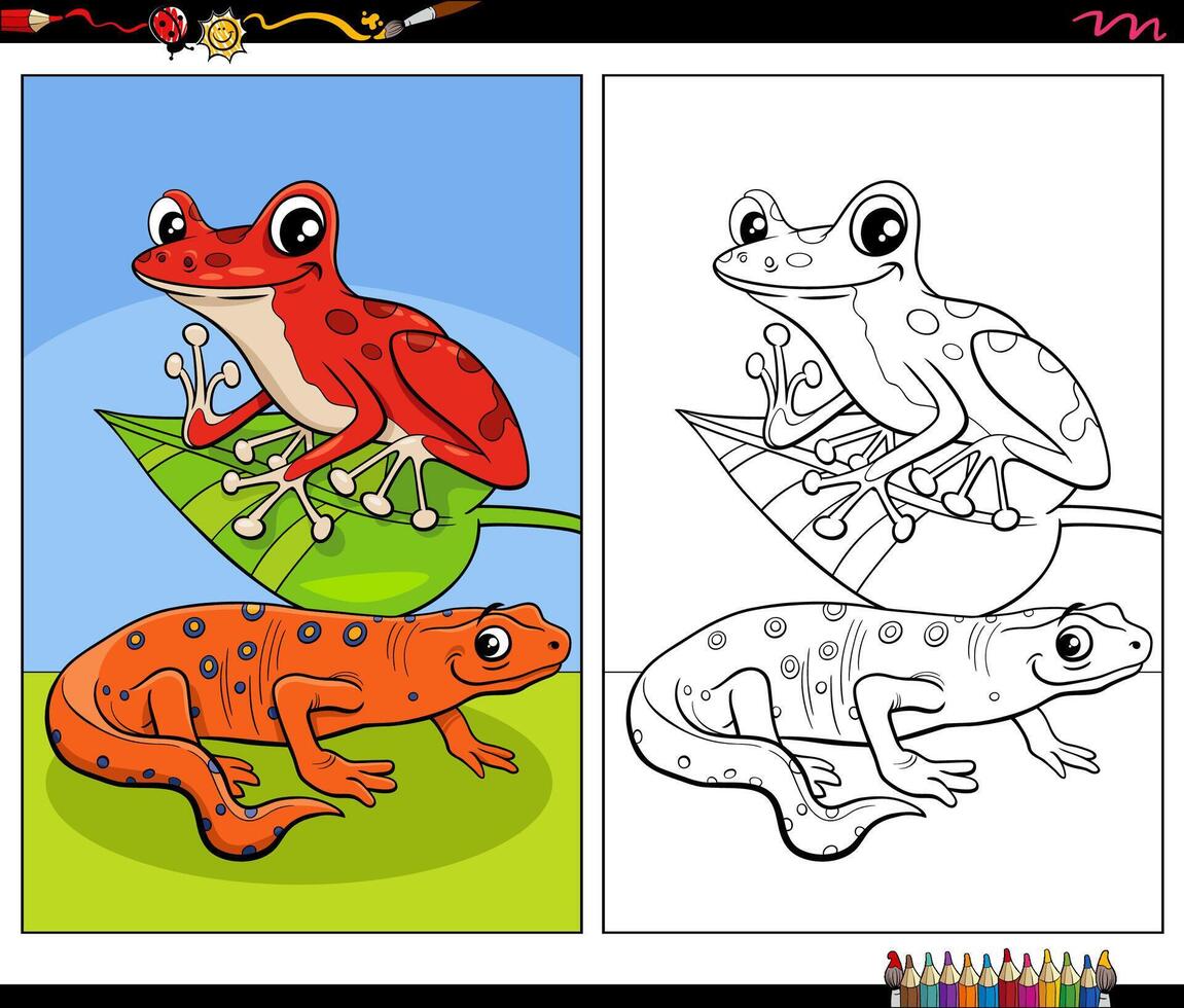 cartoon newt and frog animal characters coloring page vector