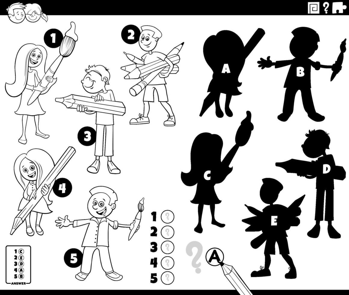 shadows game with cartoon school children coloring page vector