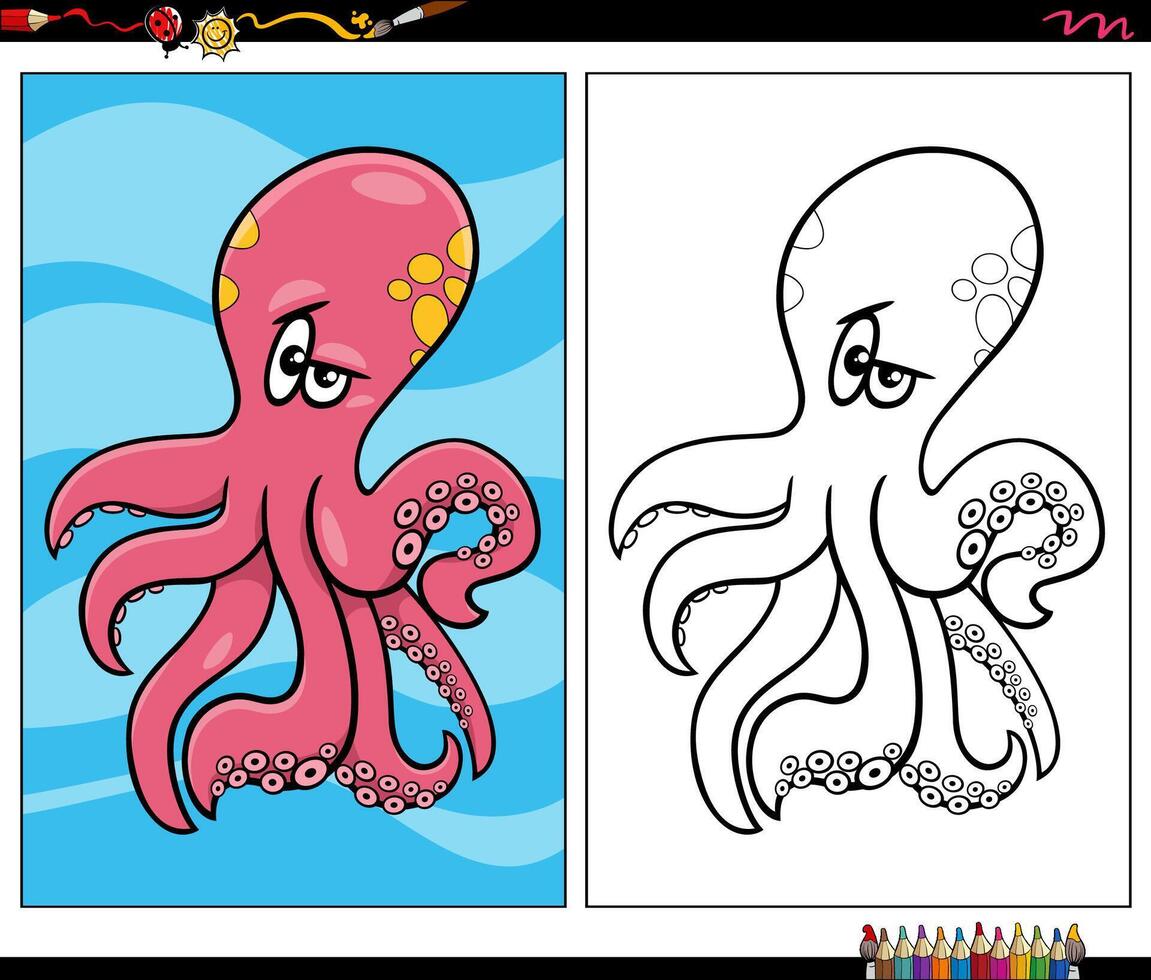 cartoon octopus sea animal character coloring page vector