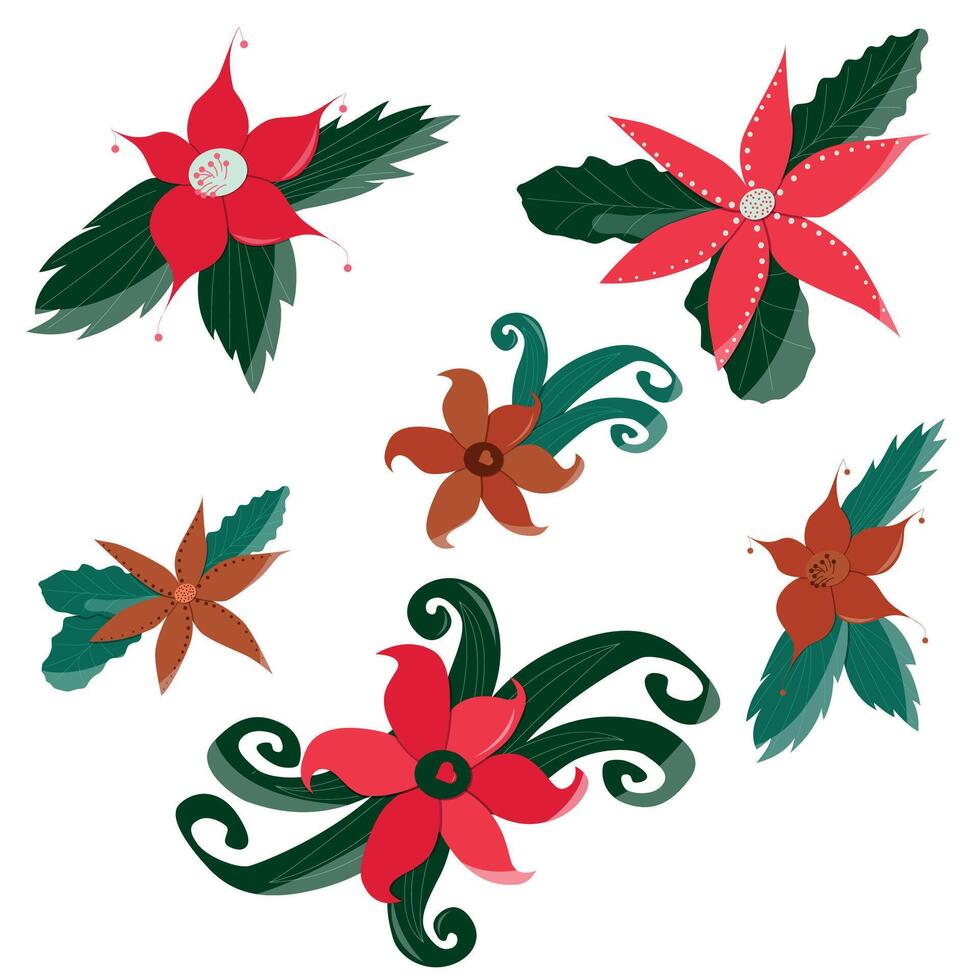 Christmas flowers collection, drawn collection, set of Christmas flowers for decoration, decorative elements vector