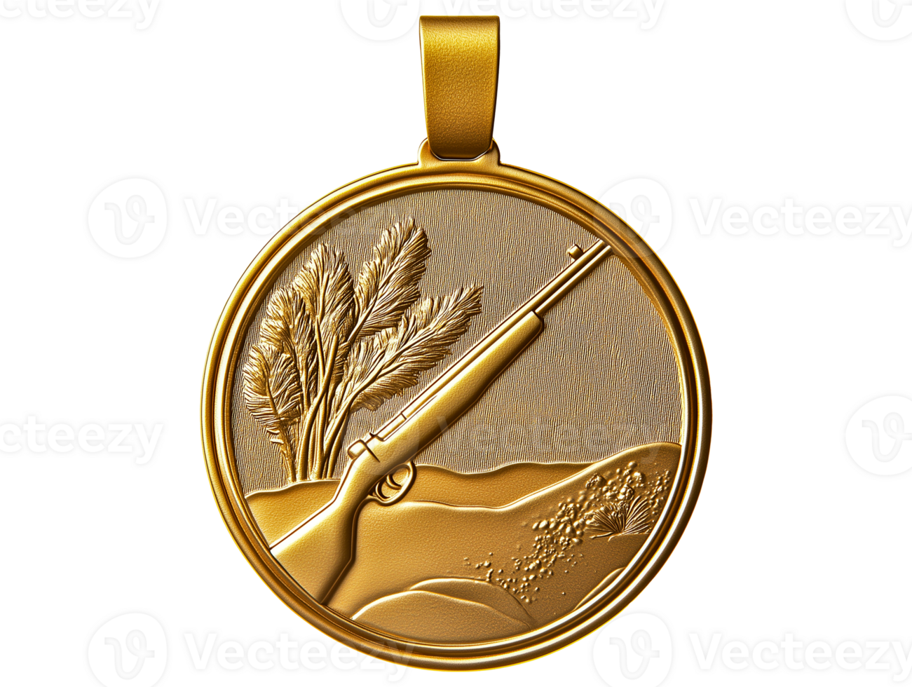 A gold medal with a rifle and wheat field png