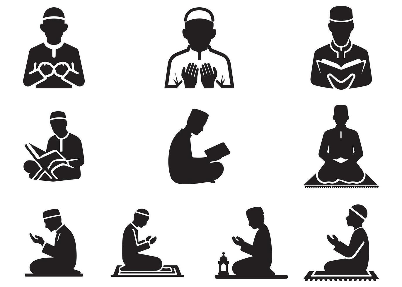 Muslims are praying flat silhouette icon set vector