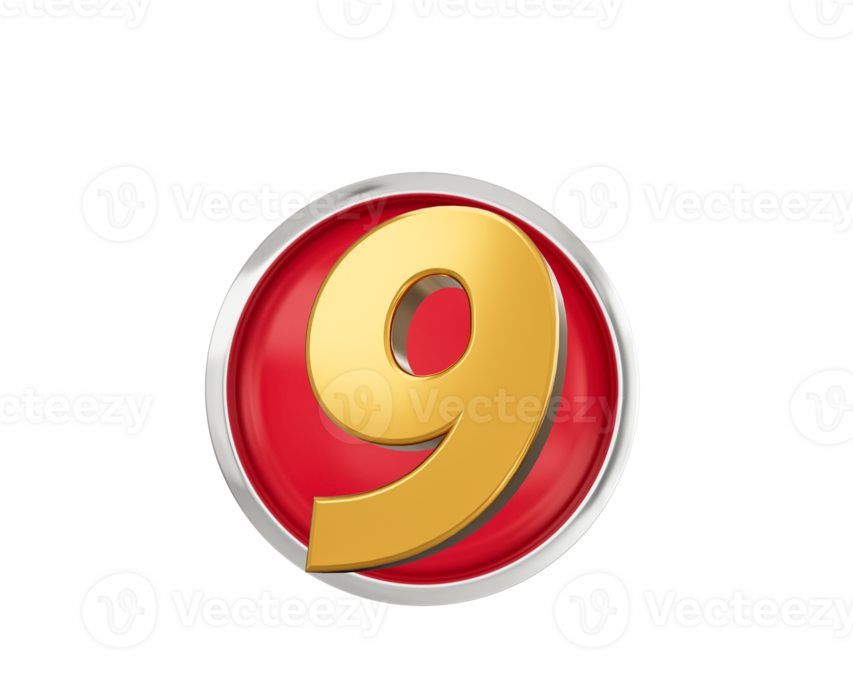 Gold Number 9 Gold Number Nine On Rounded Red Icon 3d illustration png