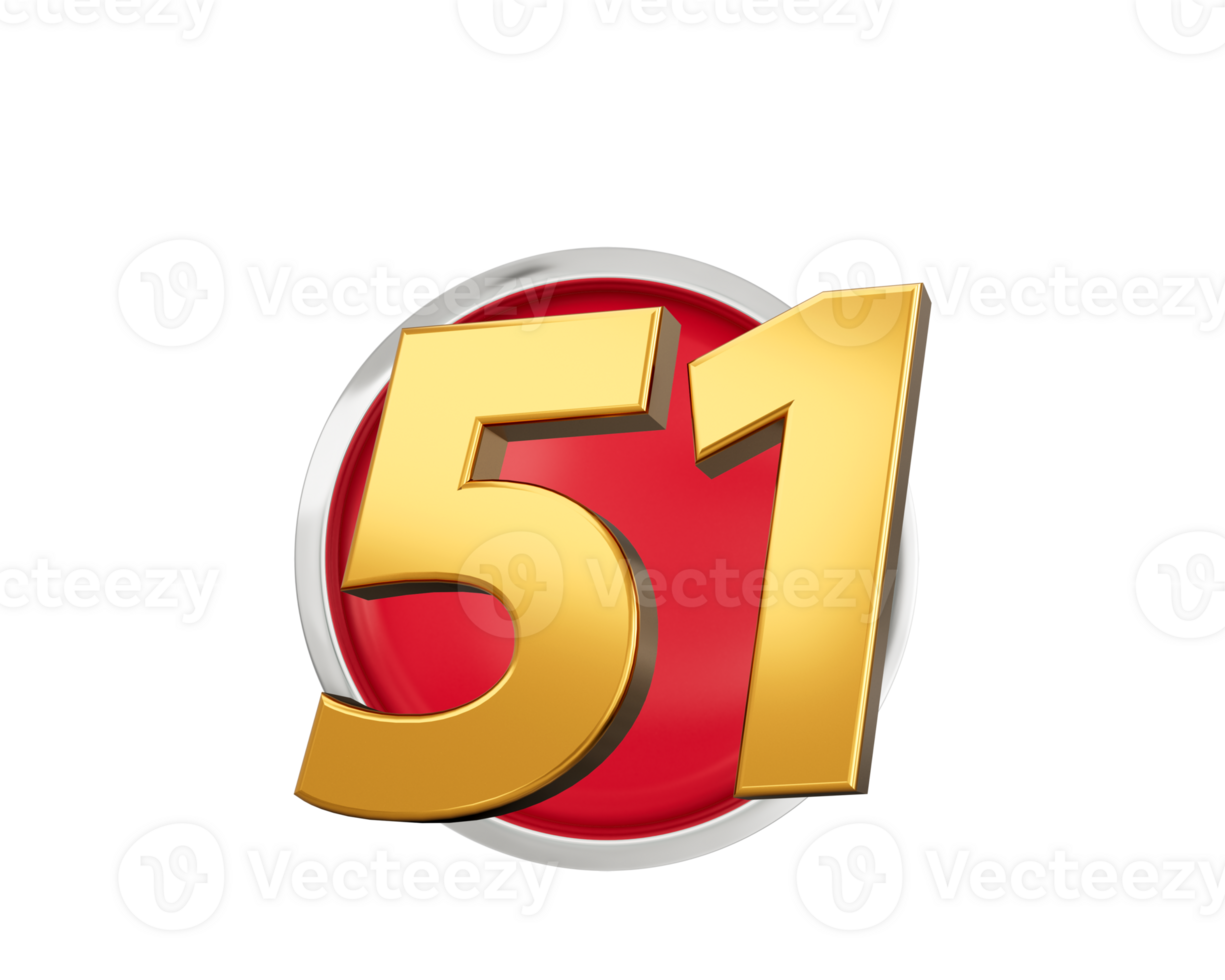 Gold Number 51 Gold Number Fifty One On Rounded Red, 3d illustration png