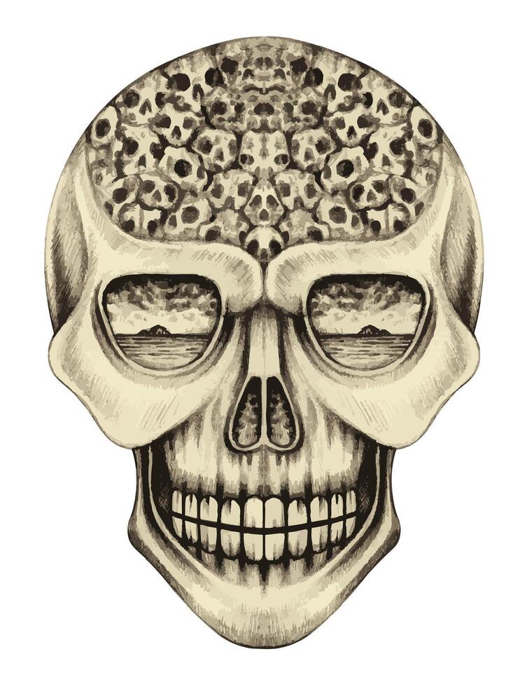 Surreal art skull tattoo hand drawing on paper and make graphic . vector