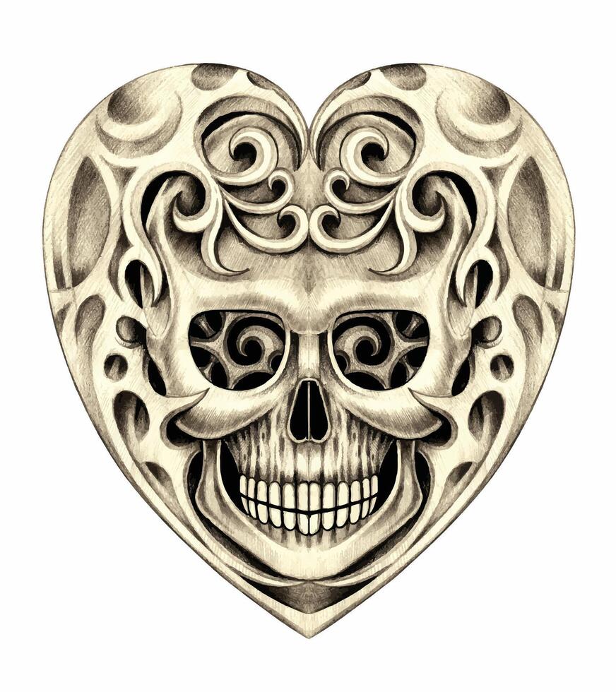 Skull heart tattoo hand drawing on paper and make graphic . vector