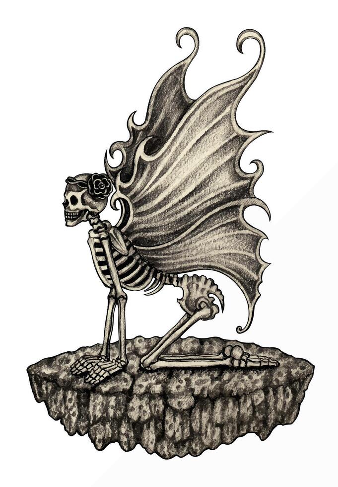 Fantasy art fairy skull hand drawing on paper and make graphic . vector