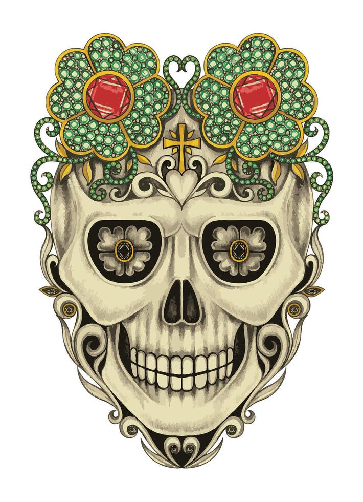 Fancy sugar skull day of the dead mix vintage and gems hand drawing on paper and make graphic . vector