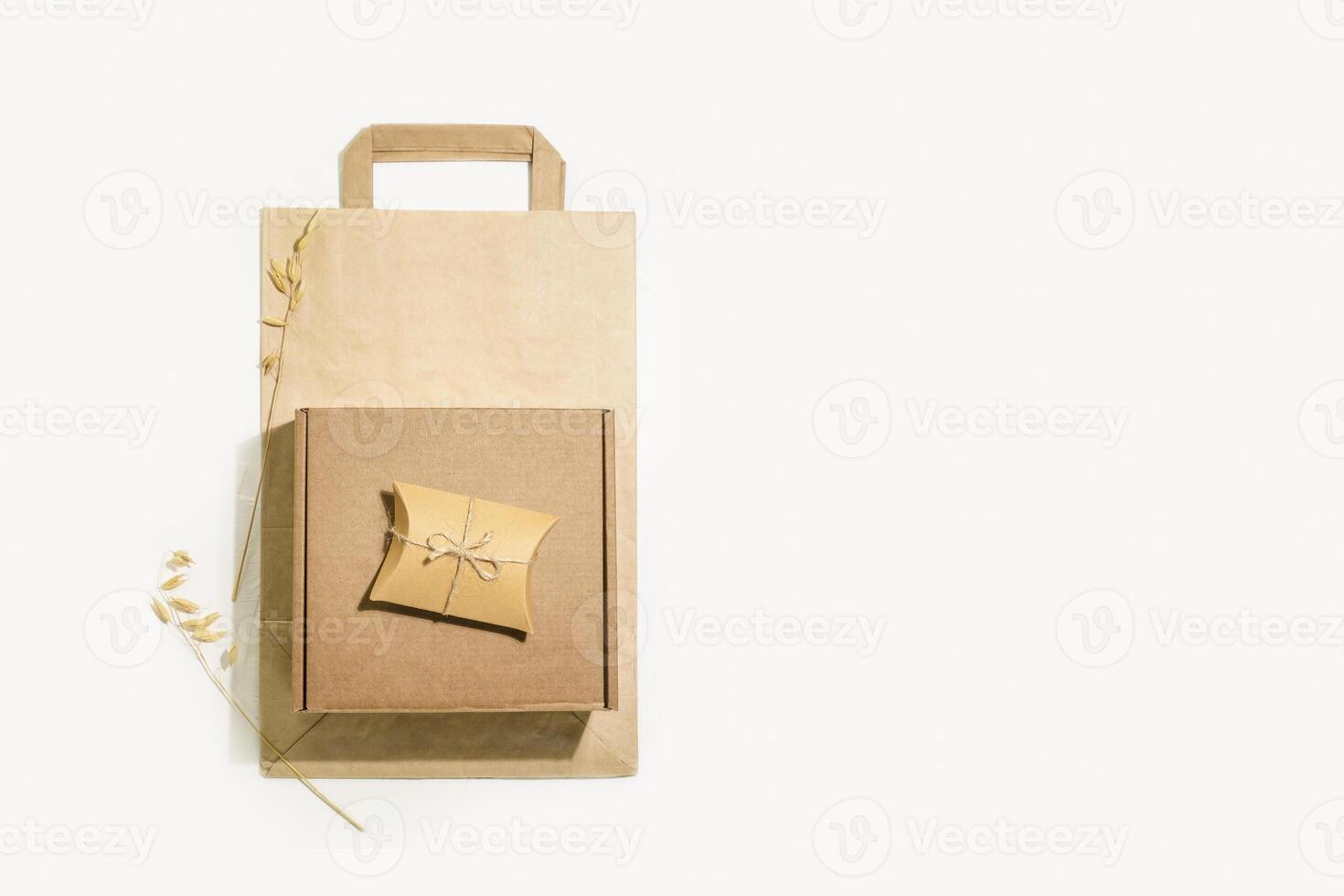 Set of cardboard boxes and paper bag for packaging goods with copy space photo