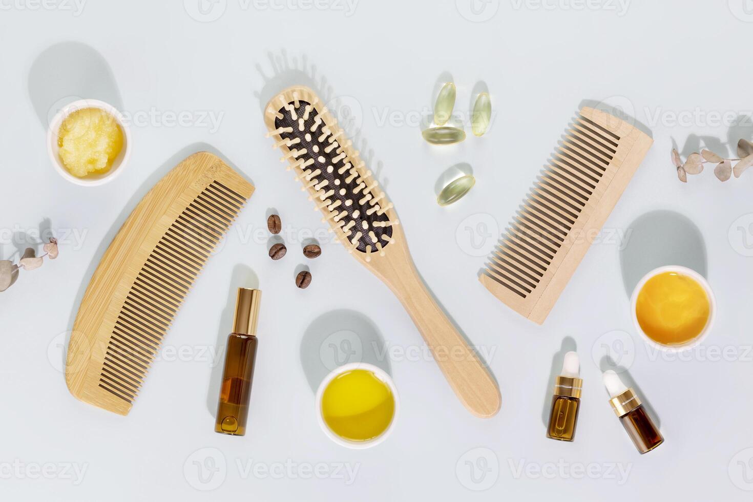 Wooden combs, ingredients for mask for hair, vitamins and oils photo